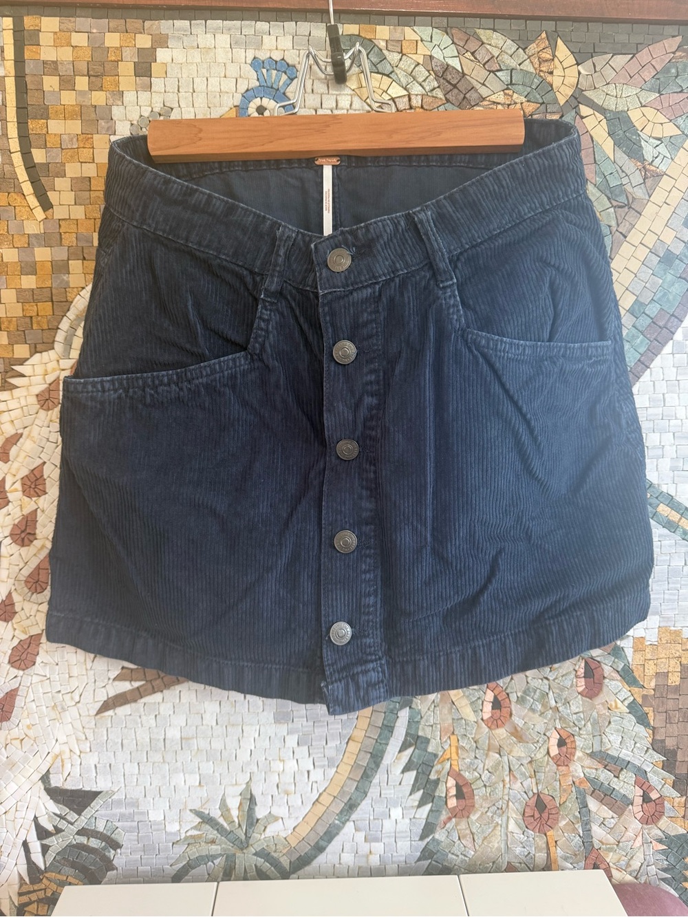 Free People Navy Corduroy Button-Front Mini Skirt